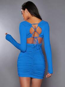 SHEIN BAE Vestido ajustado de espalda abierta con cordón fruncido - Azul - Ver 5