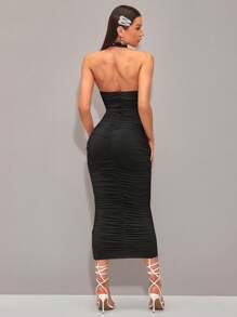 Silquee Solid Ruched Halter Neck Bodycon Dress - Black - View 2