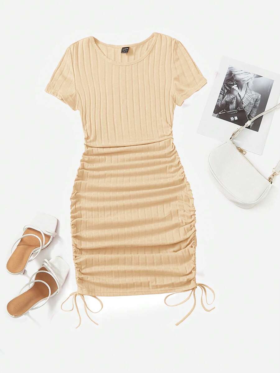 Muchica Drawstring Side Ruched Bodycon Dress - Beige - View 1