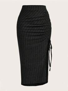 SHEIN EZwear Váy nữ Dây kéo Gân đan Tách cao màu trơn Thanh lịch - màu đen - Xem 1