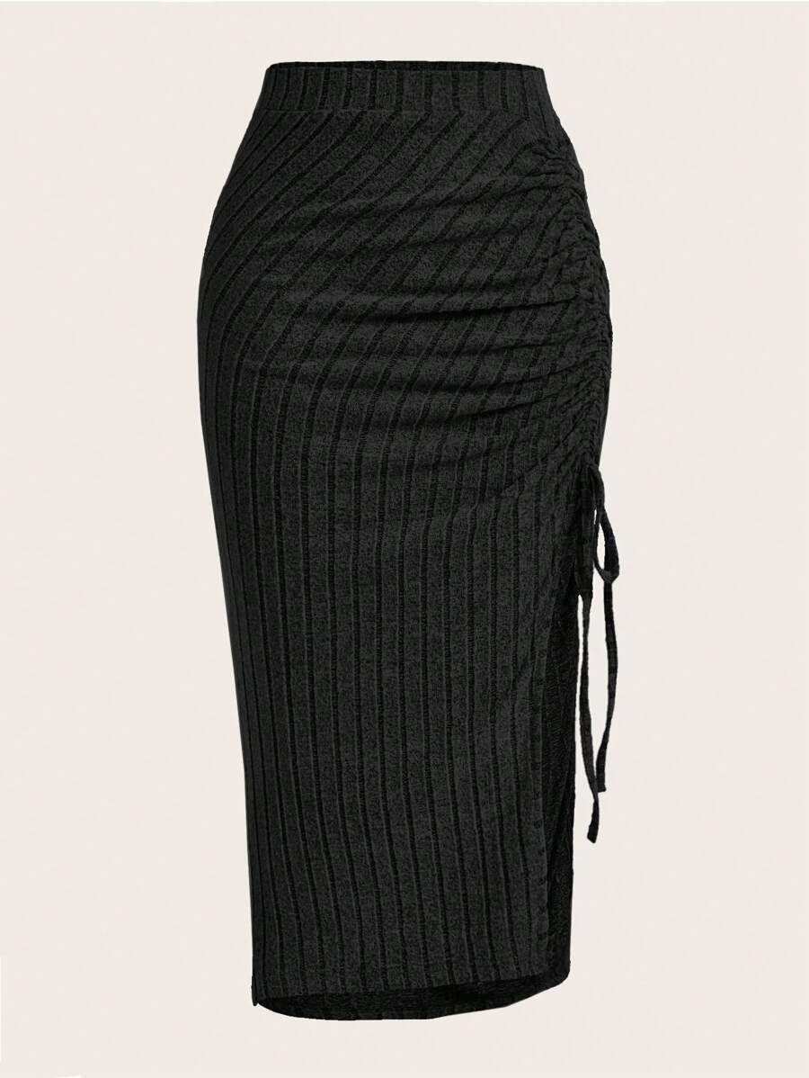 SHEIN EZwear Váy nữ Dây kéo Gân đan Tách cao màu trơn Thanh lịch - màu đen - Xem 1