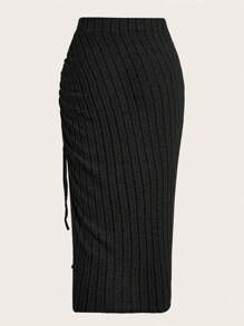 SHEIN EZwear Váy nữ Dây kéo Gân đan Tách cao màu trơn Thanh lịch - màu đen - Xem 2