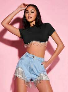 SHEIN BAE Top crop con diamante de imitación bajo con fleco - Negro - Ver 3