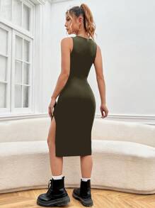 SHEIN EZwear 素色高衩背心連衣裙 - 軍綠色 - 查看 2