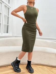 SHEIN EZwear 素色高衩背心連衣裙 - 軍綠色 - 查看 5