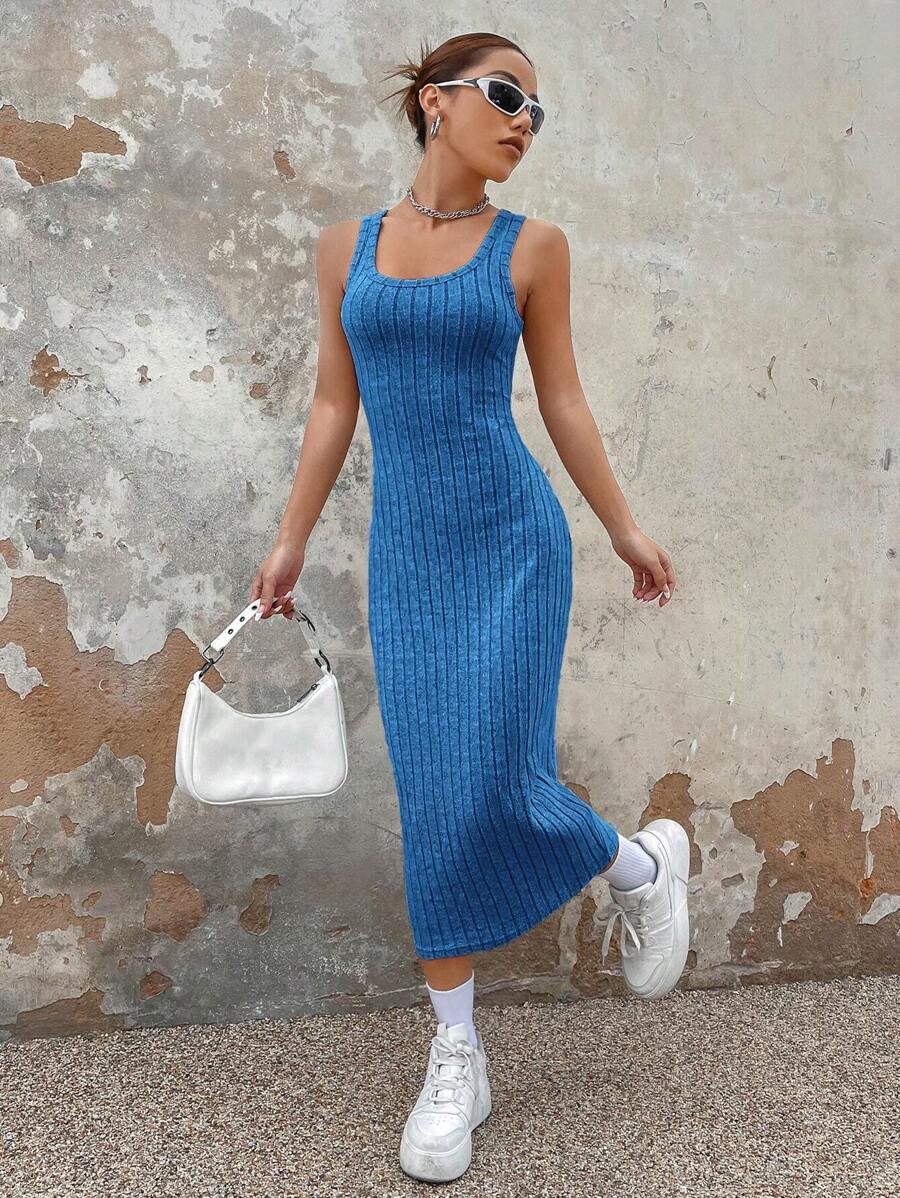 SHEIN EZwear Solid Ribbed Knit Tank Dress