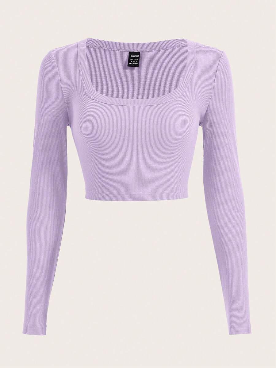 SHEIN EZwear 純色方領短身t恤 - 紫丁香色 - 查看 1