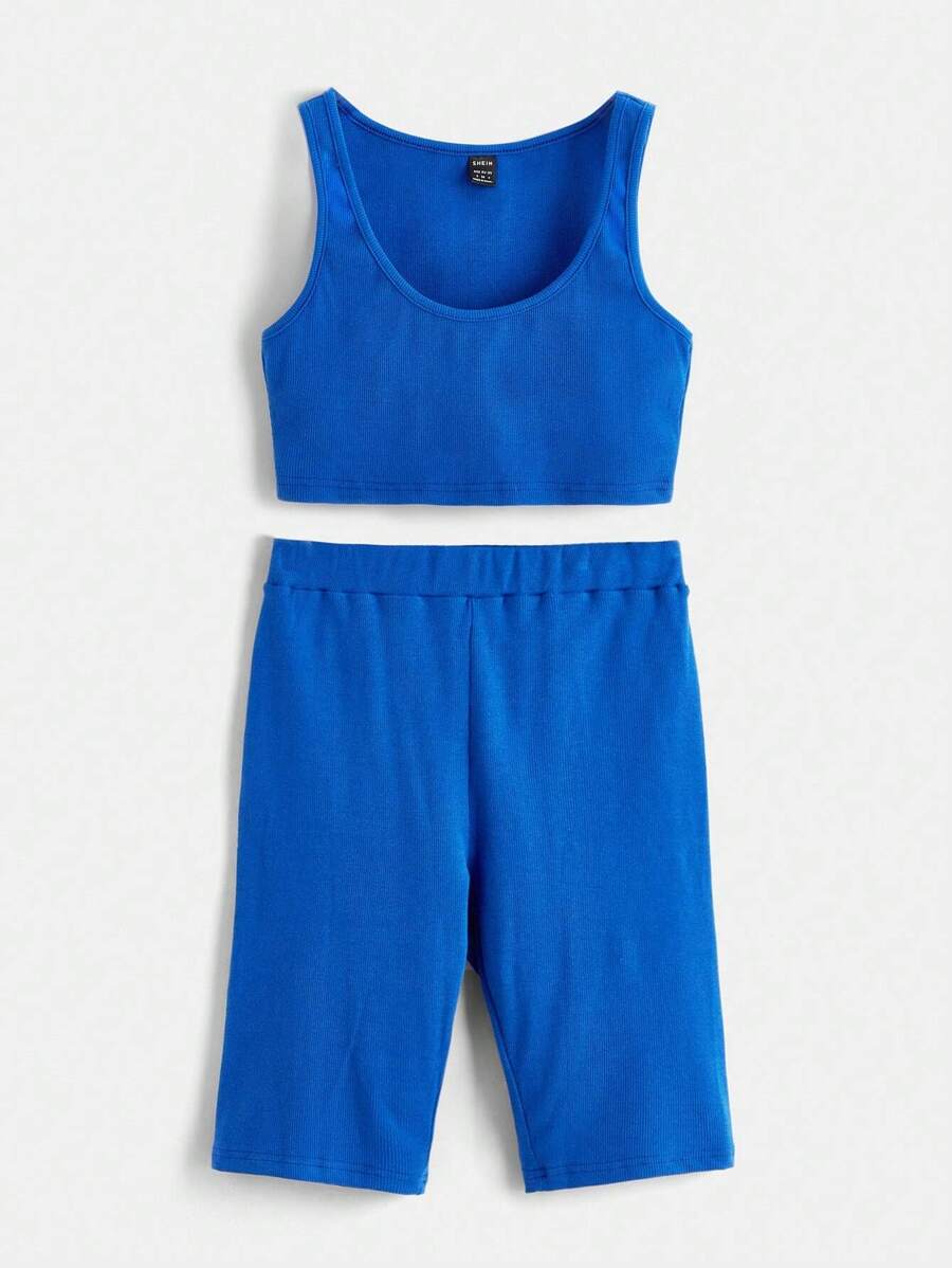 SHEIN BASICS Solid Crop Tank Top & Biker Shorts