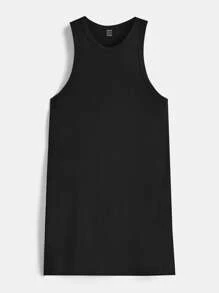 SHEIN BASICS Solid Racerback Tank Dress - Black - View 1