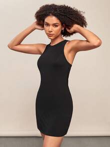 SHEIN BASICS Solid Racerback Tank Dress - Black - View 7