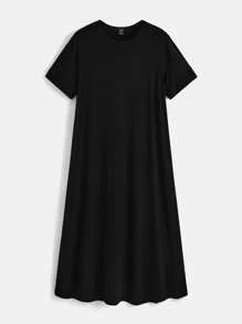 SHEIN BASICS Solid Round Neck Tee Dress - Black - View 1