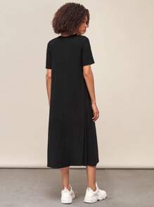 SHEIN BASICS Solid Round Neck Tee Dress - Black - View 2