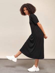 SHEIN BASICS Solid Round Neck Tee Dress - Black - View 5