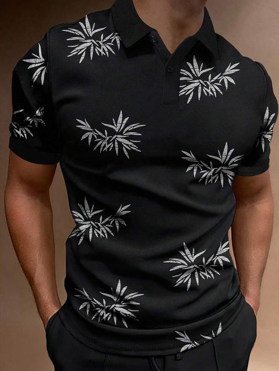 Manfinity Men Plants Print Polo Shirt - Black - View 1