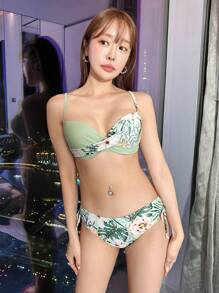 SHEIN Swim Bikini in họa tiết nhiệt đới đi biển mùa hè Push Up Tie Side Bikini - Màu xanh Bạc hà - Xem 5