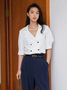 DAZY Solid Double Breasted Blouse - White - View 1