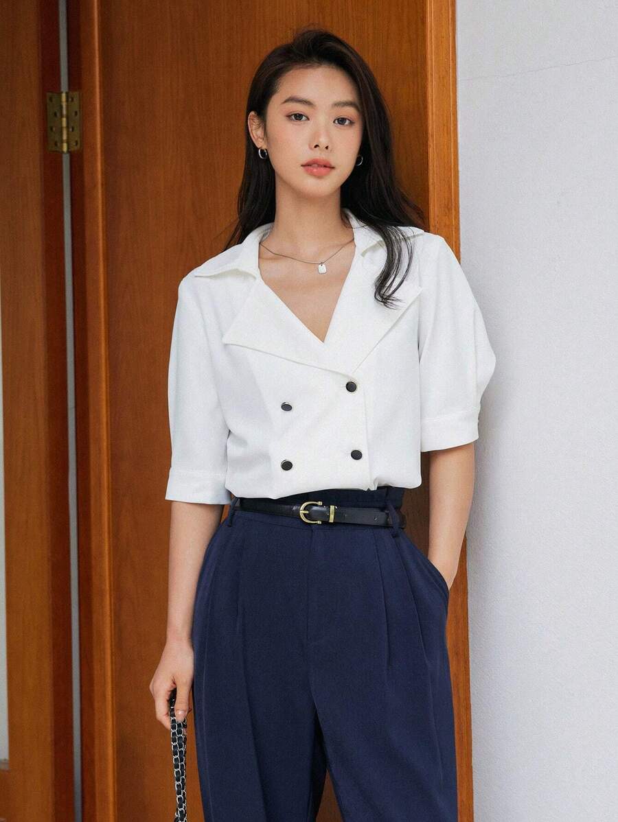 DAZY Solid Double Breasted Blouse - White - View 1