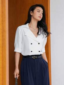 DAZY Solid Double Breasted Blouse - White - View 9