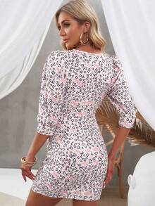 滿版心形印花泡泡袖鬱金香下擺連衣裙 - 彩色 - 查看 2