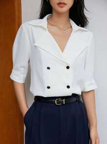 DAZY Solid Double Breasted Blouse - White - View 12
