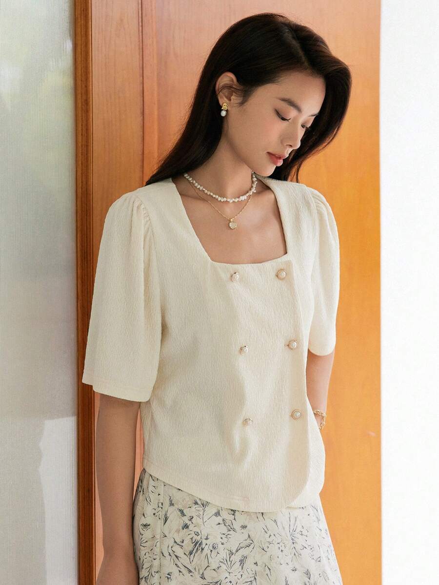 DAZY 方領雙排釦襯衫 - 杏色 - 查看 1