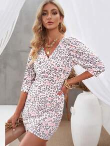 滿版心形印花泡泡袖鬱金香下擺連衣裙 - 彩色 - 查看 4