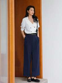 DAZY Solid Double Breasted Blouse - White - View 13