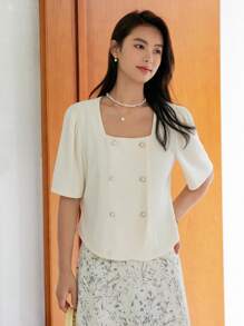 DAZY 方領雙排釦襯衫 - 杏色 - 查看 8