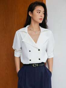 DAZY Solid Double Breasted Blouse - White - View 14
