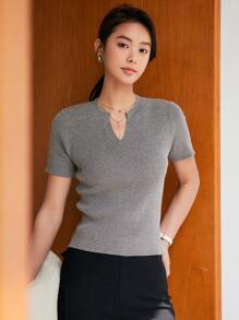 DAZY Blusa casual de punto de manga corta con cuello en V liso para mujer, informal de oficina