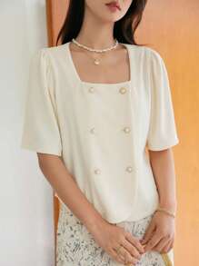 DAZY 方領雙排釦襯衫 - 杏色 - 查看 13