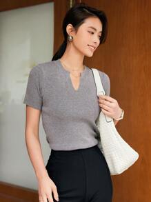 DAZY Blusa casual de punto de manga corta con cuello en V liso para mujer, informal de oficina