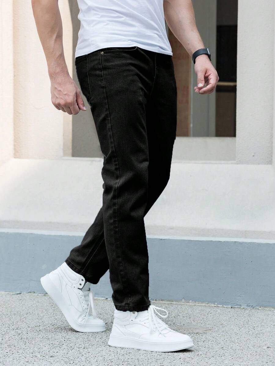 Men Slant Pocket Straight Leg Jeans, Grunge - Black - View 1
