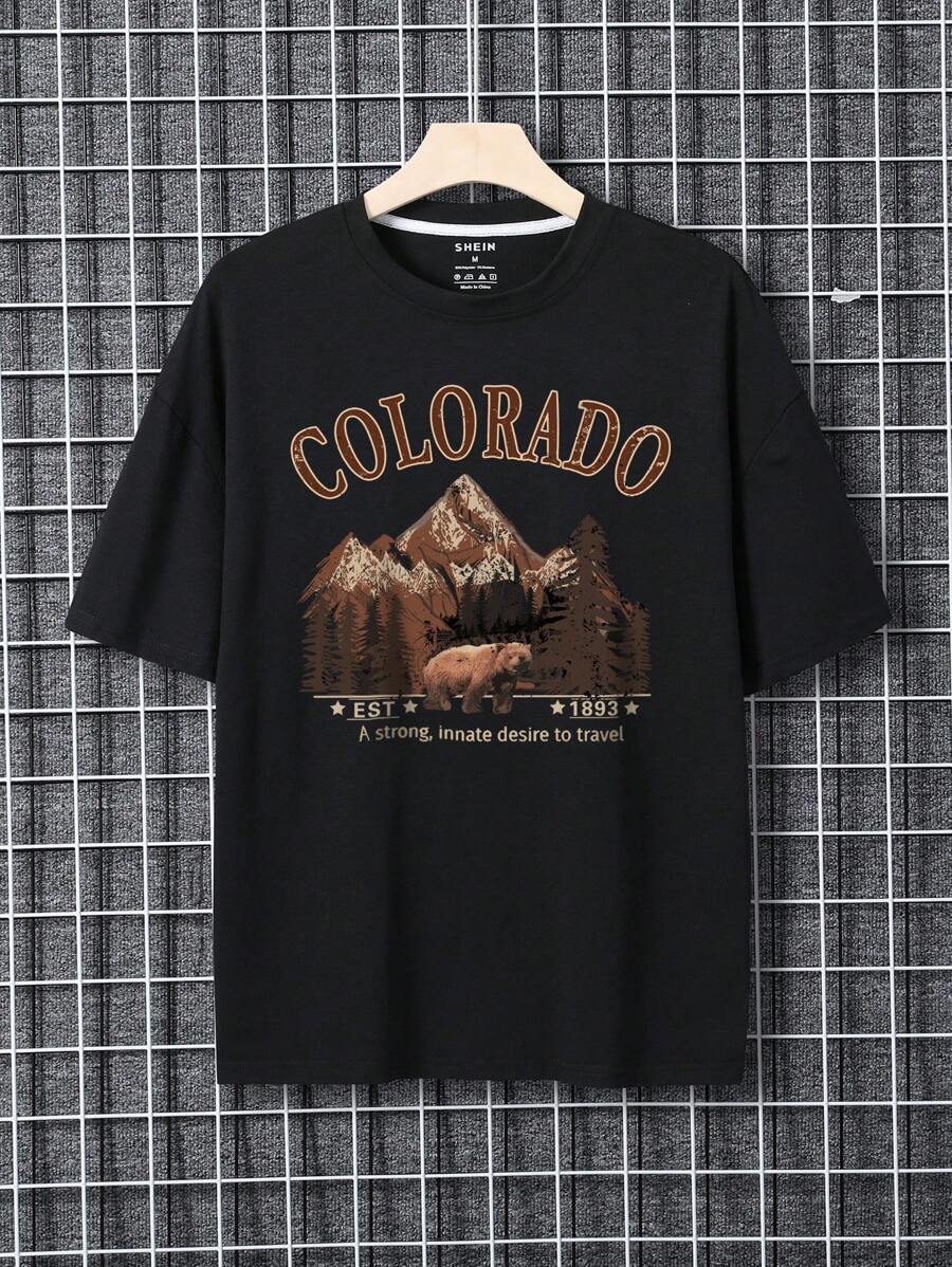 Manfinity Dauomo Hombres Camiseta con estampado de letra - Negro - Ver 1