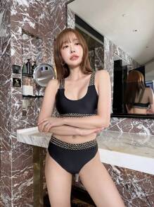 SHEIN Swim Summer Beach Contrast Trim High Waisted Bikini Set - Black - View 4