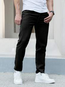 Men Slant Pocket Straight Leg Jeans, Grunge - Black - View 4