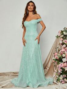 一字肩亮片正式洋裝 - 薄荷藍 - 查看 5