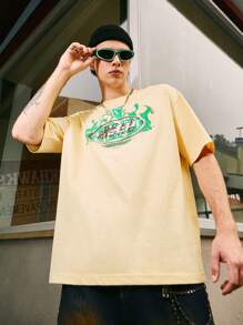 Camiseta con estampado de letra y fuego de hombros caídos - Albaricoque - Ver 1