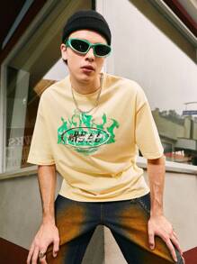 Camiseta con estampado de letra y fuego de hombros caídos - Albaricoque - Ver 3