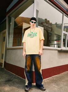 Camiseta con estampado de letra y fuego de hombros caídos - Albaricoque - Ver 5