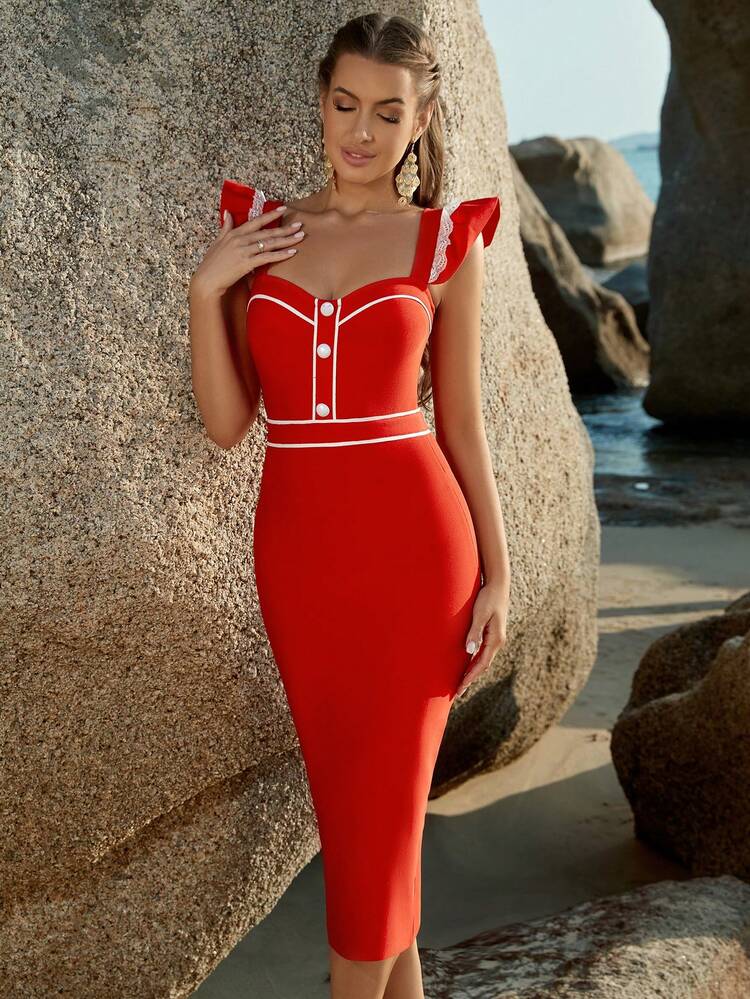 ADYCE Ruffle Trim Button Front Bandage Dress - Red - View 4