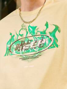 Camiseta con estampado de letra y fuego de hombros caídos - Albaricoque - Ver 6