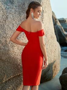 一字肩前蝴蝶結下擺開叉緊身連衣裙 - 紅色 - 查看 2