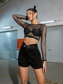 Quần short denim có dây thắt lưng bất đối xứng chắc chắn có túi phía trước hàng hóa không có thắt lưng - màu đen - Xem 4