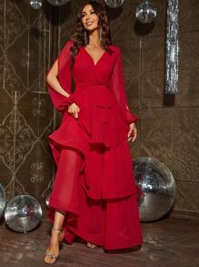 開衩袖荷葉邊多層下擺腰帶雪紡連衣裙