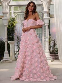 一字肩蝴蝶袖貼花舞會連衣裙