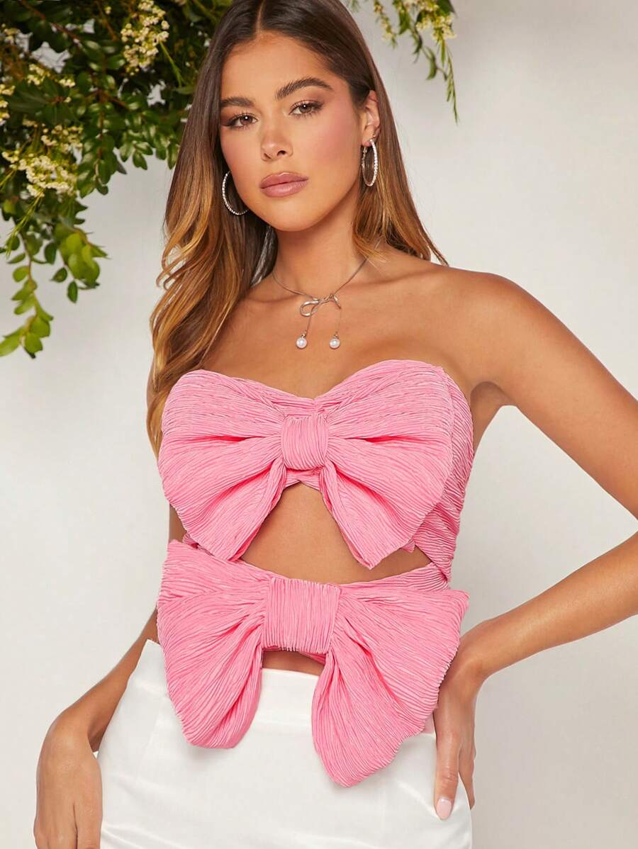 SHEIN Unity Layered Bow Plisse Cut Out Tube Top - Pink - View 1