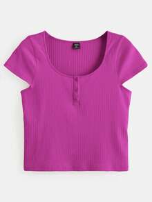 SHEIN BASICS Camiseta De Cuello Redondo Para Mujer De Talla Grande Con Botones Delanteros - Rojo violeta - Ver 7