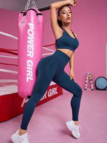 纯色宽带腰部运动套装健身服健身女士套装女士健身套装女士紧身裤套装 - 藏蓝色 - 查看 3