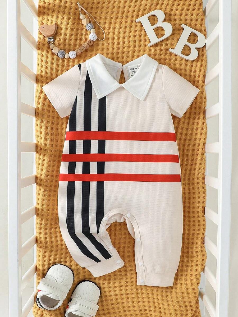 Baby Boy Plaid Print Contrast Collar Jumpsuit - Apricot - View 1